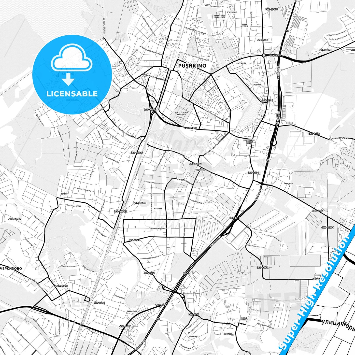Pushkino, Russia Light Map with Street Names, City Names, and Districts