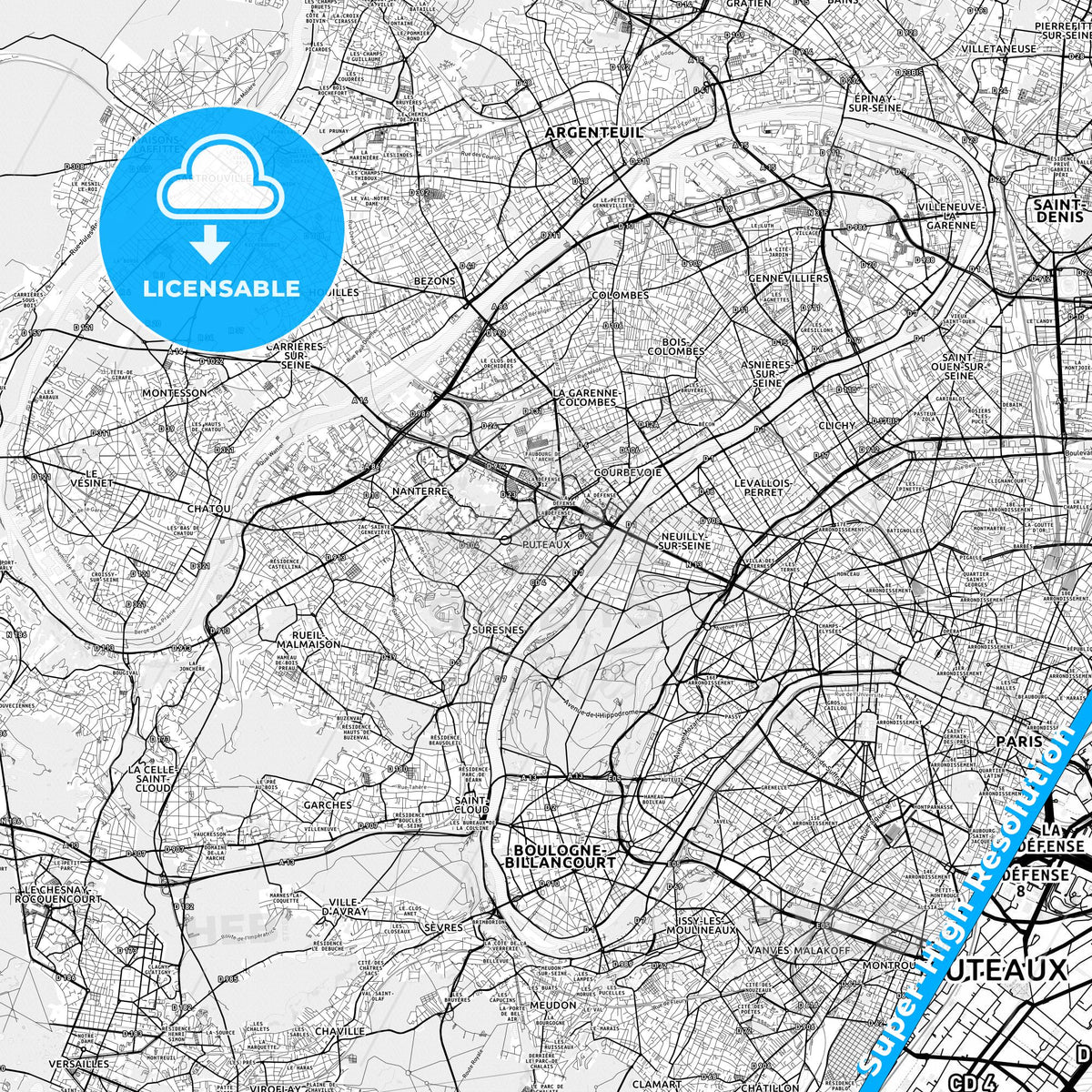 Puteaux, France light map with streetnames, citynames and districts