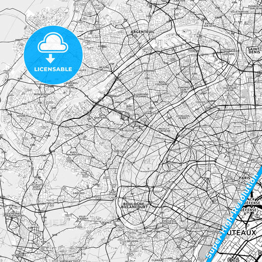 Puteaux, France light map with streetnames, citynames and districts