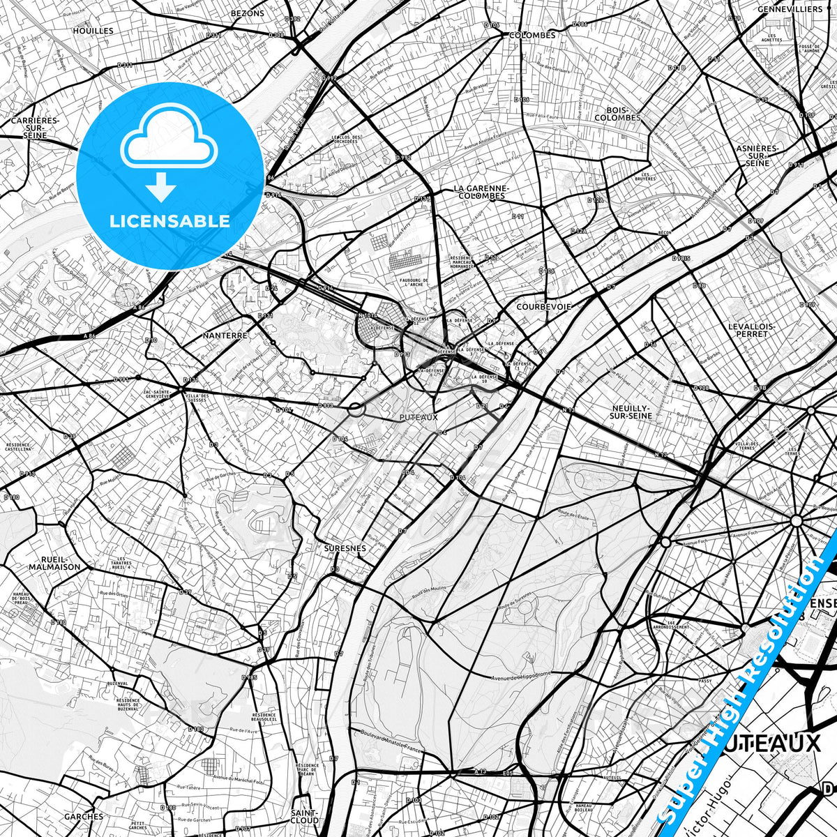 Puteaux, France Light Map with Street Names, City Names, and Districts
