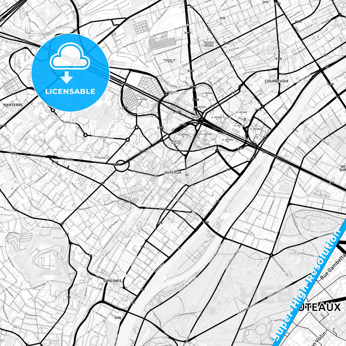 Puteaux, France Light Map with Street Names, City Names, and Districts