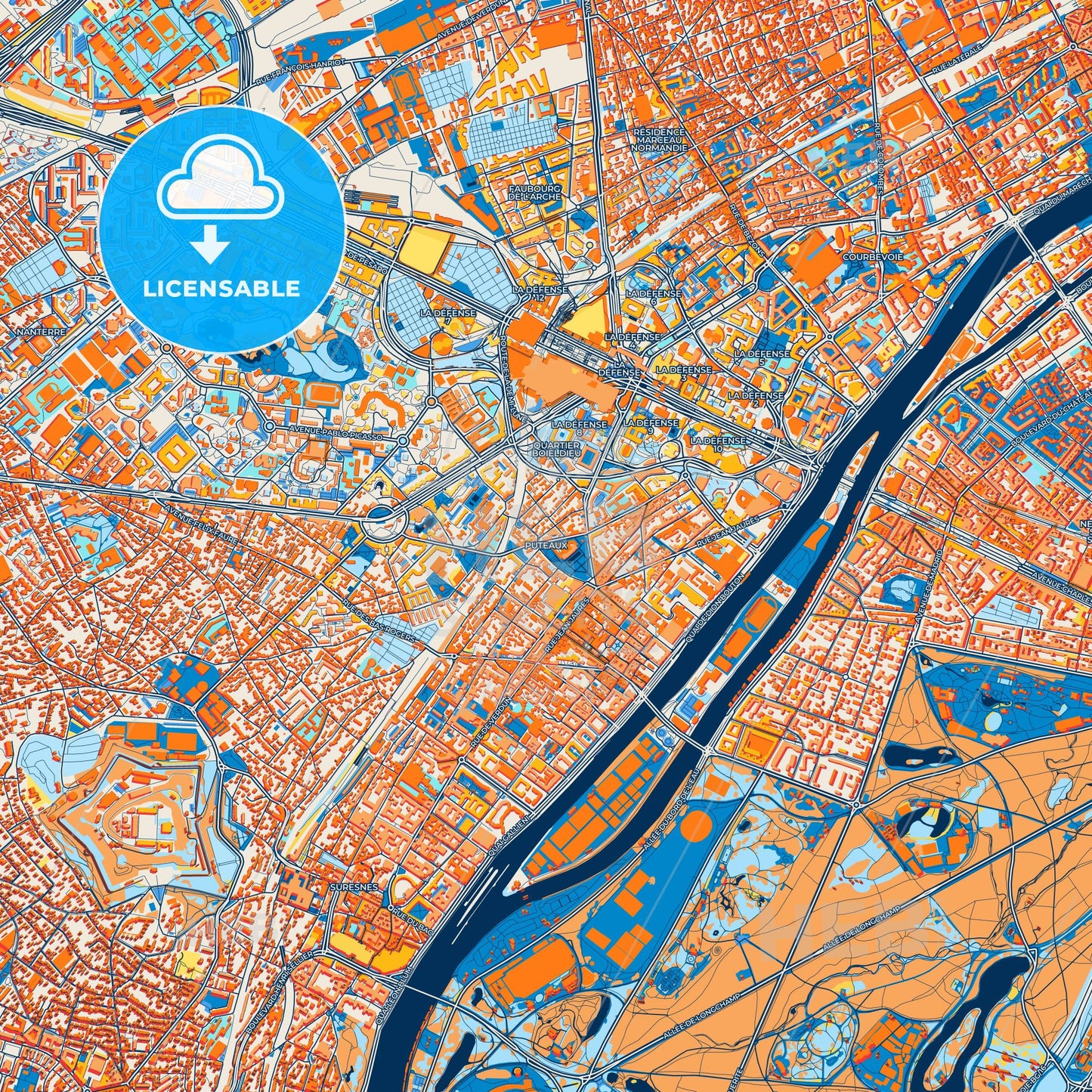 Colorful Puteaux Street Map with Labels and Buildings