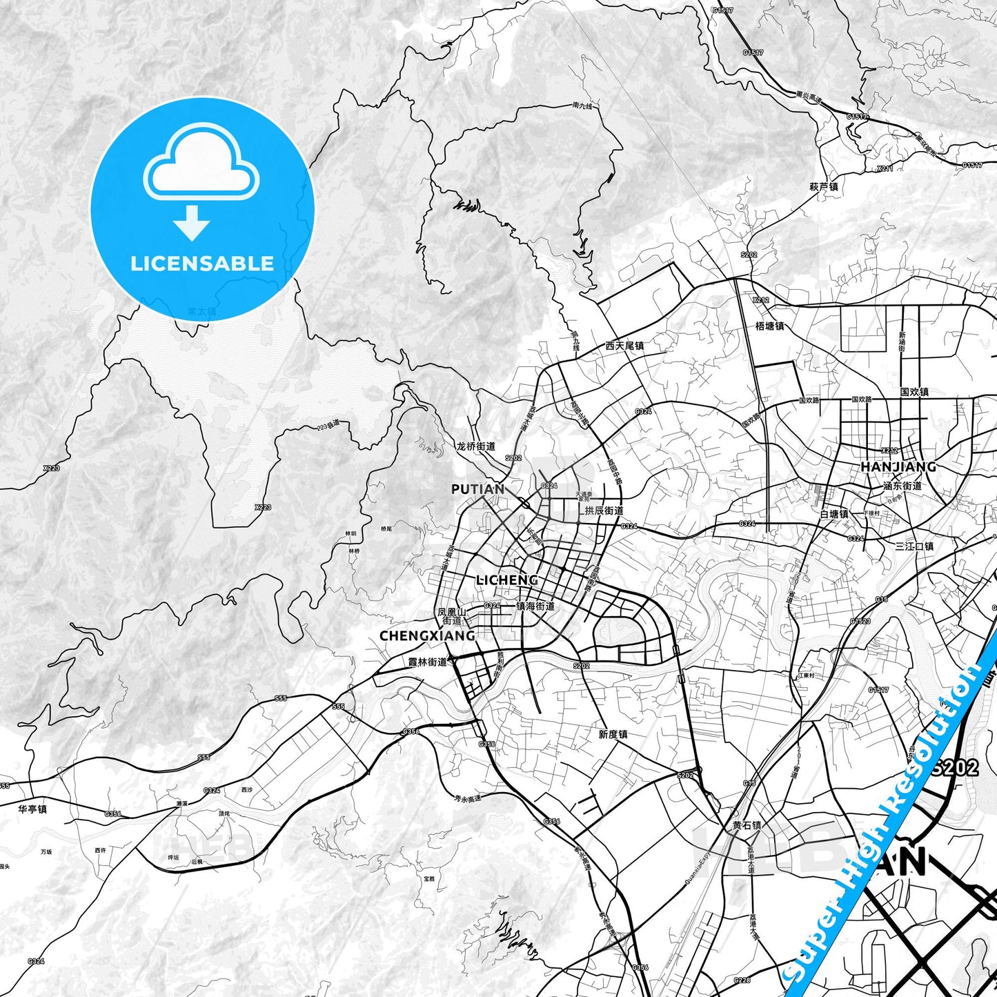 Putian, China light map with streetnames, citynames and districts