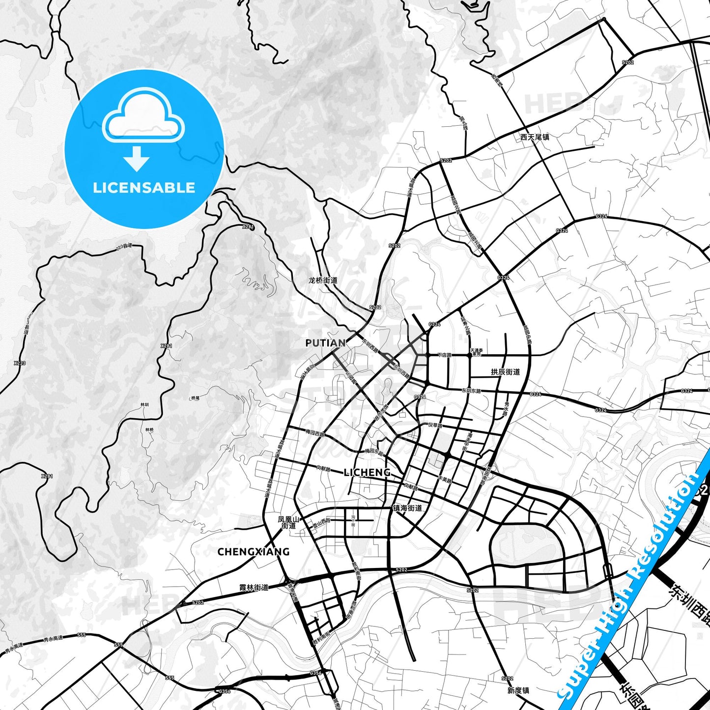 Putian, China Light Map with Street Names, City Names, and Districts