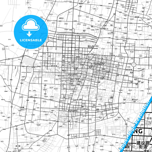 Puyang, China light map with streetnames, citynames and districts
