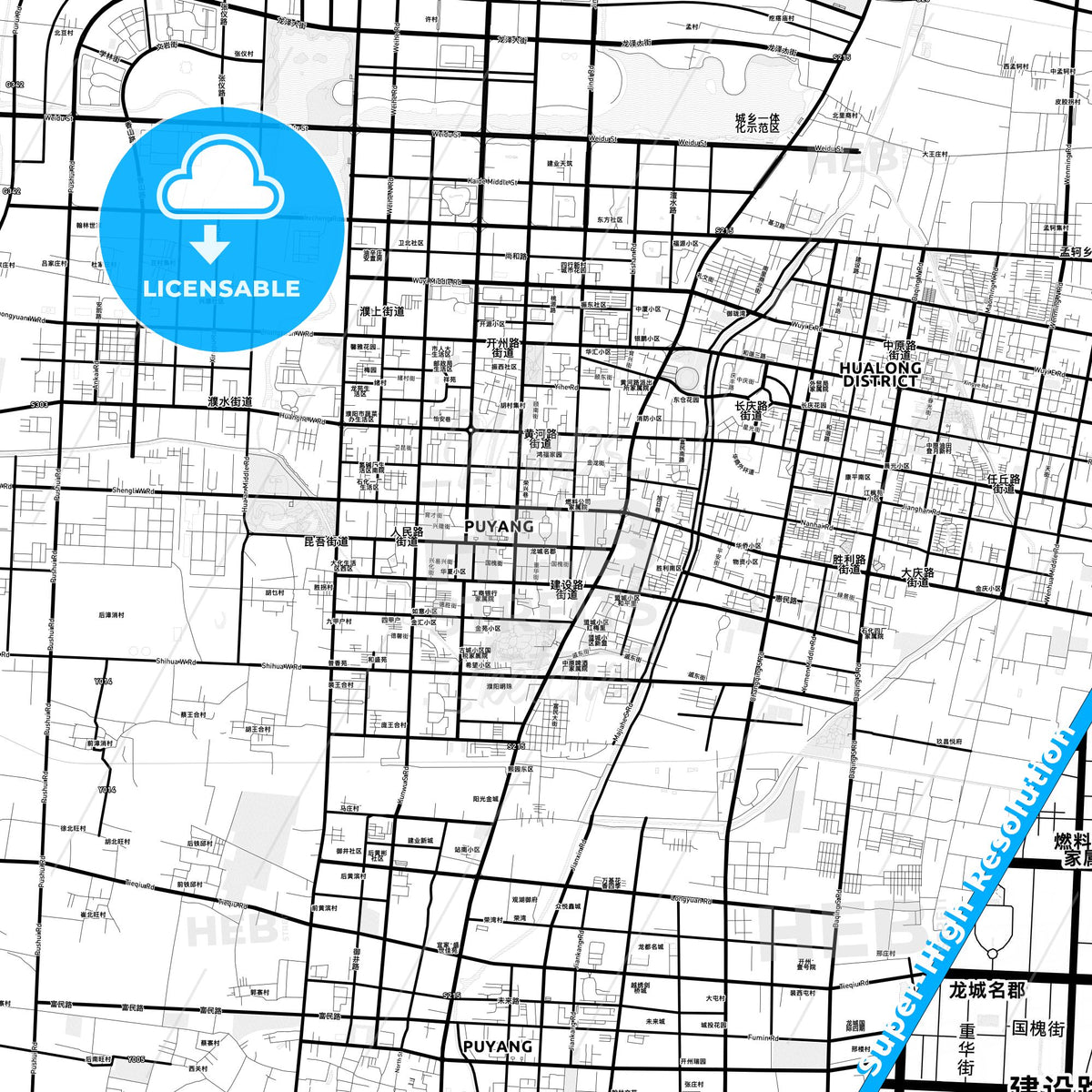 Puyang, China Light Map with Street Names, City Names, and Districts