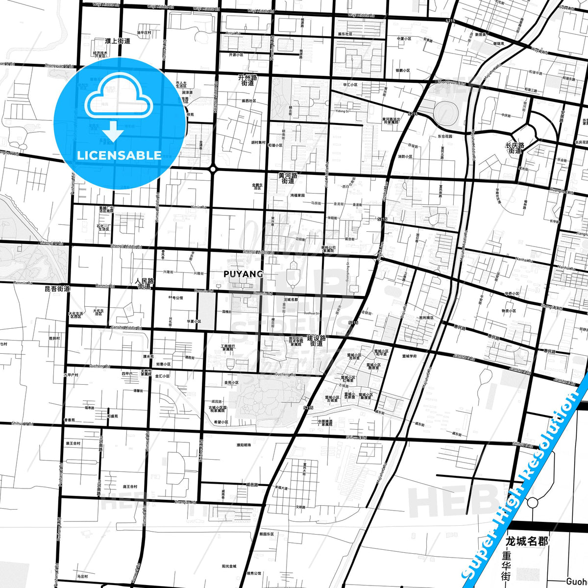 Puyang, China Light Map with Street Names, City Names, and Districts