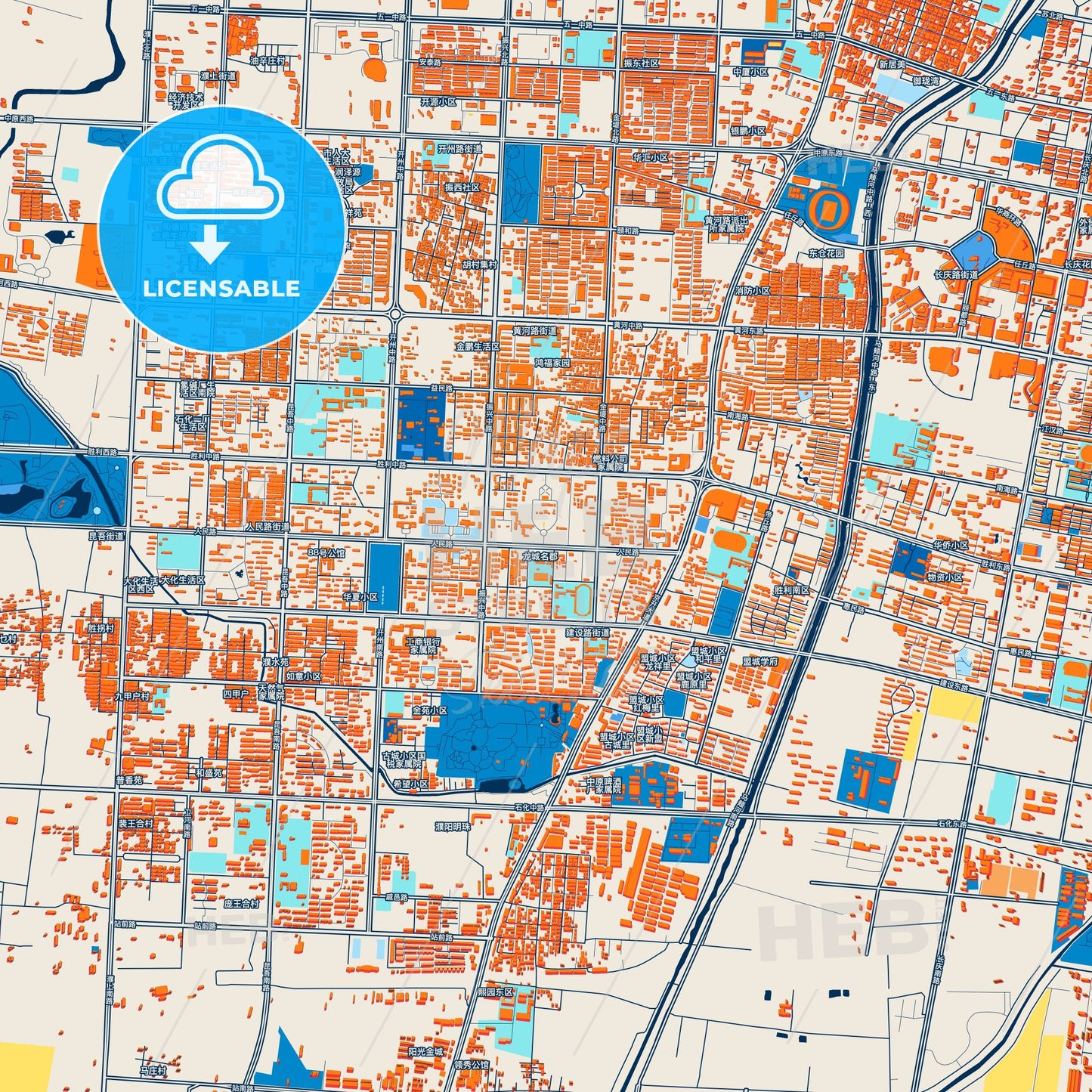 Colorful Puyang Street Map with Labels and Buildings