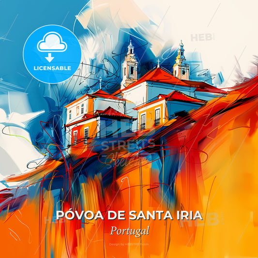 Vibrant Póvoa De Santa Iria, Portugal - A Painting Of A Building On A Hill - Square format print template