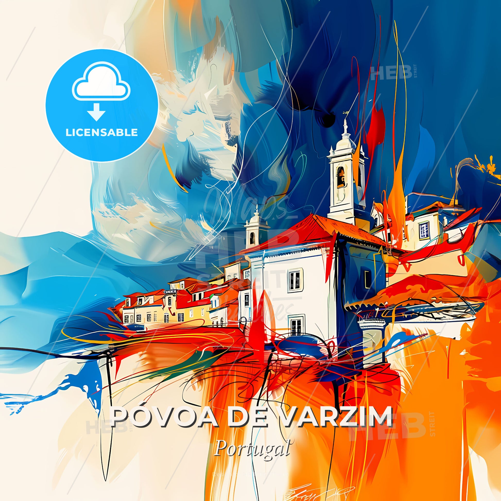 Vibrant Póvoa De Varzim, Portugal - A Painting Of A Building With A Tower And A Tower - Square format print template