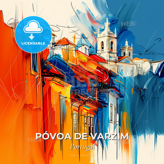 Vibrant Póvoa De Varzim, Portugal - A Painting Of Buildings With A Tower - Square format print template