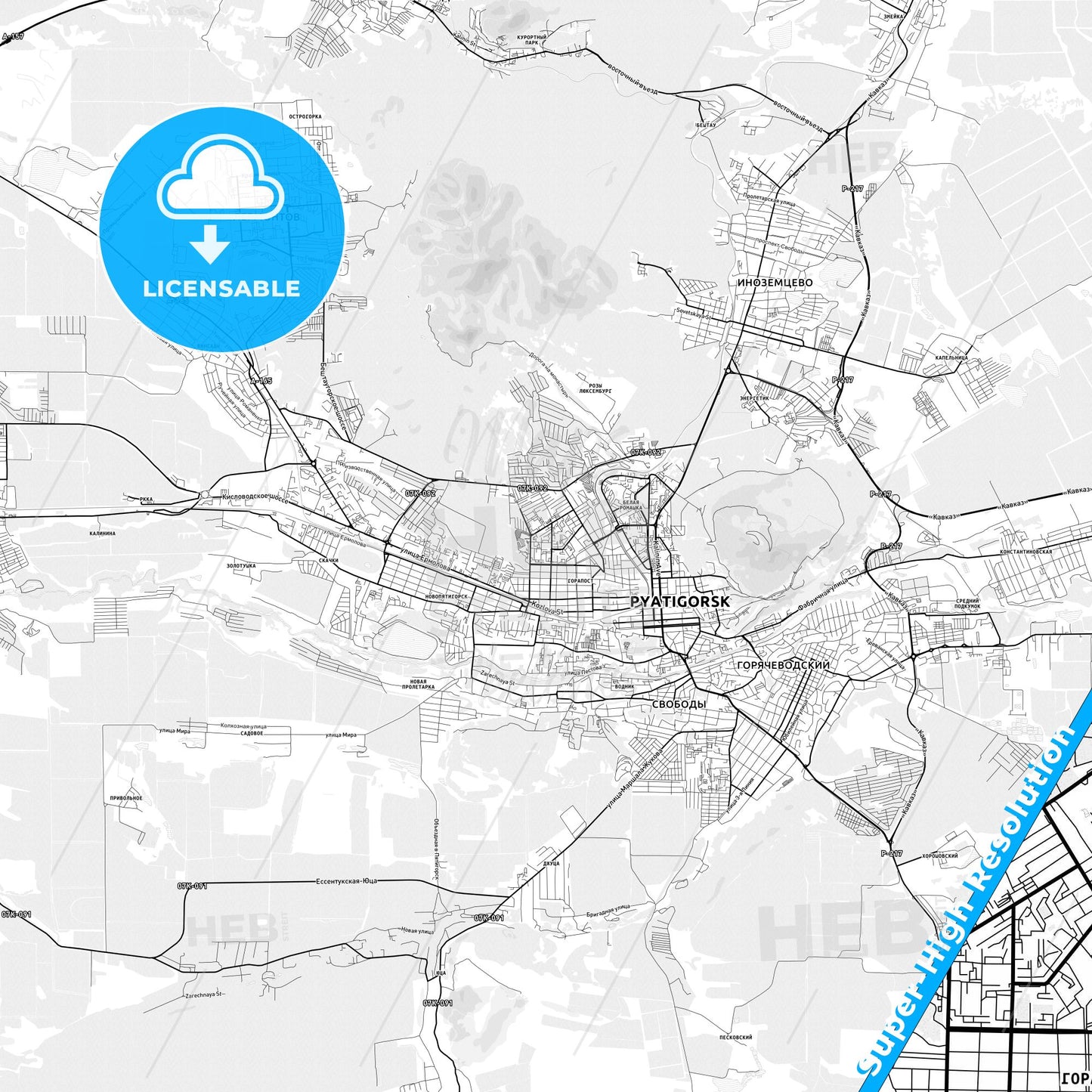 Pyatigorsk, Russia light map with streetnames, citynames and districts