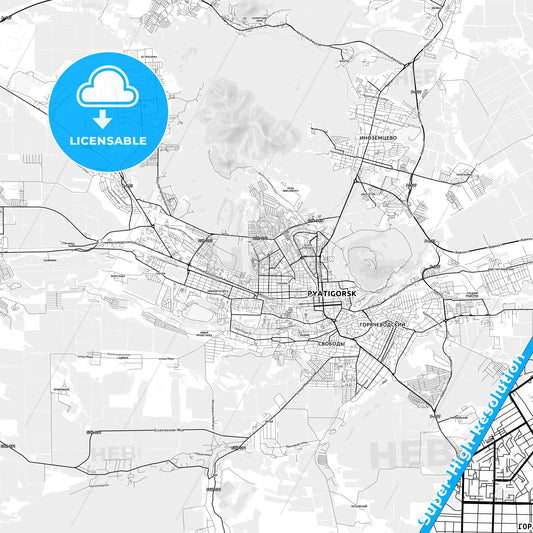 Pyatigorsk, Russia light map with streetnames, citynames and districts