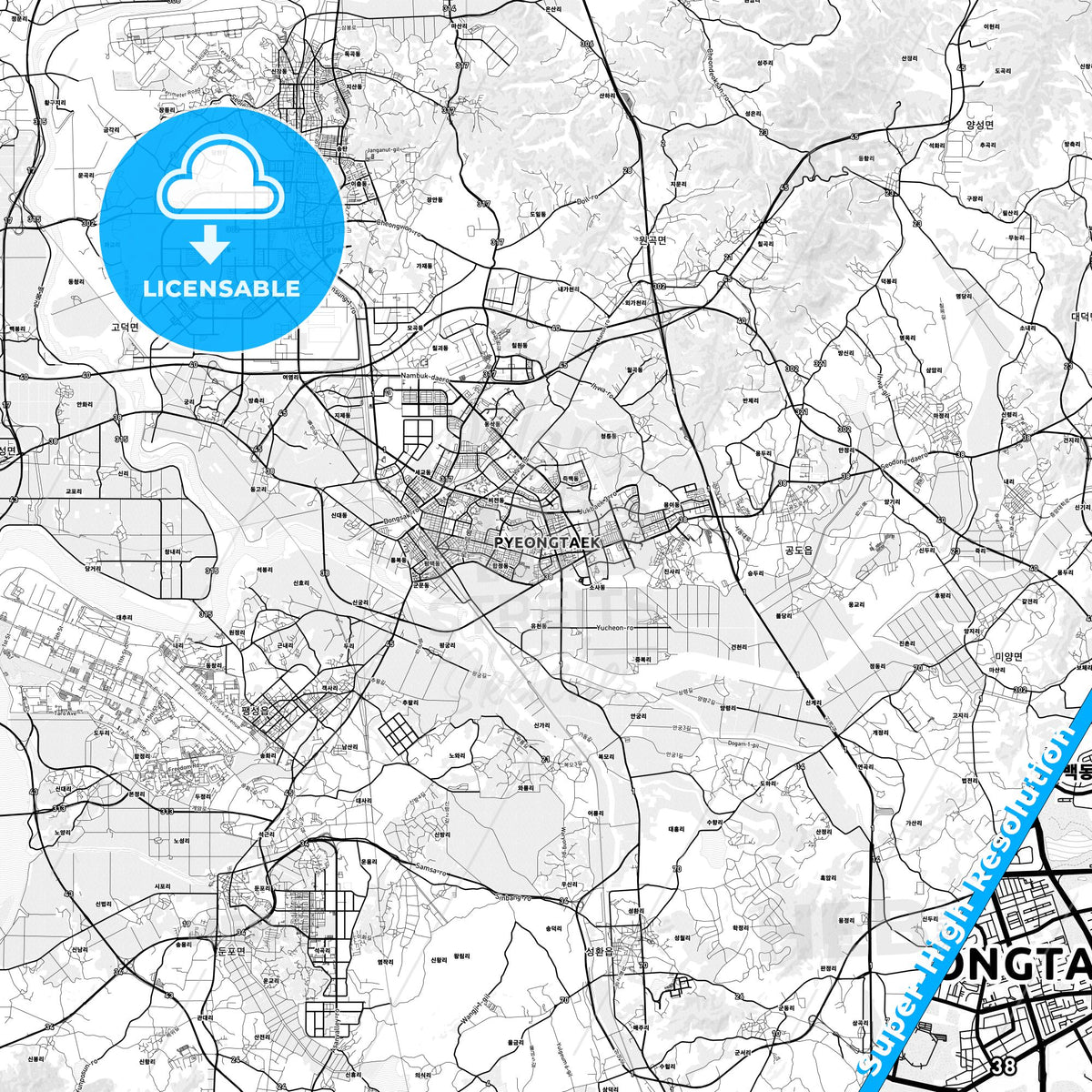 Pyeongtaek, South Korea light map with streetnames, citynames and districts