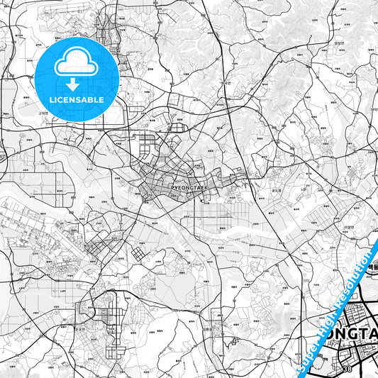 Pyeongtaek, South Korea light map with streetnames, citynames and districts
