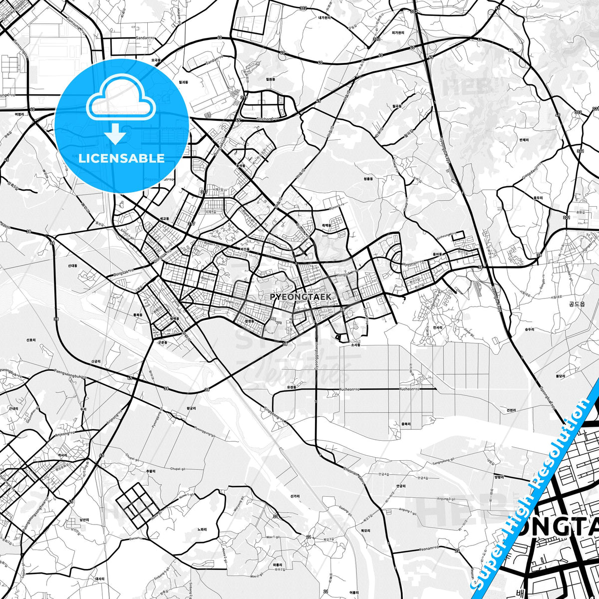 Pyeongtaek, South Korea Light Map with Street Names, City Names, and Districts