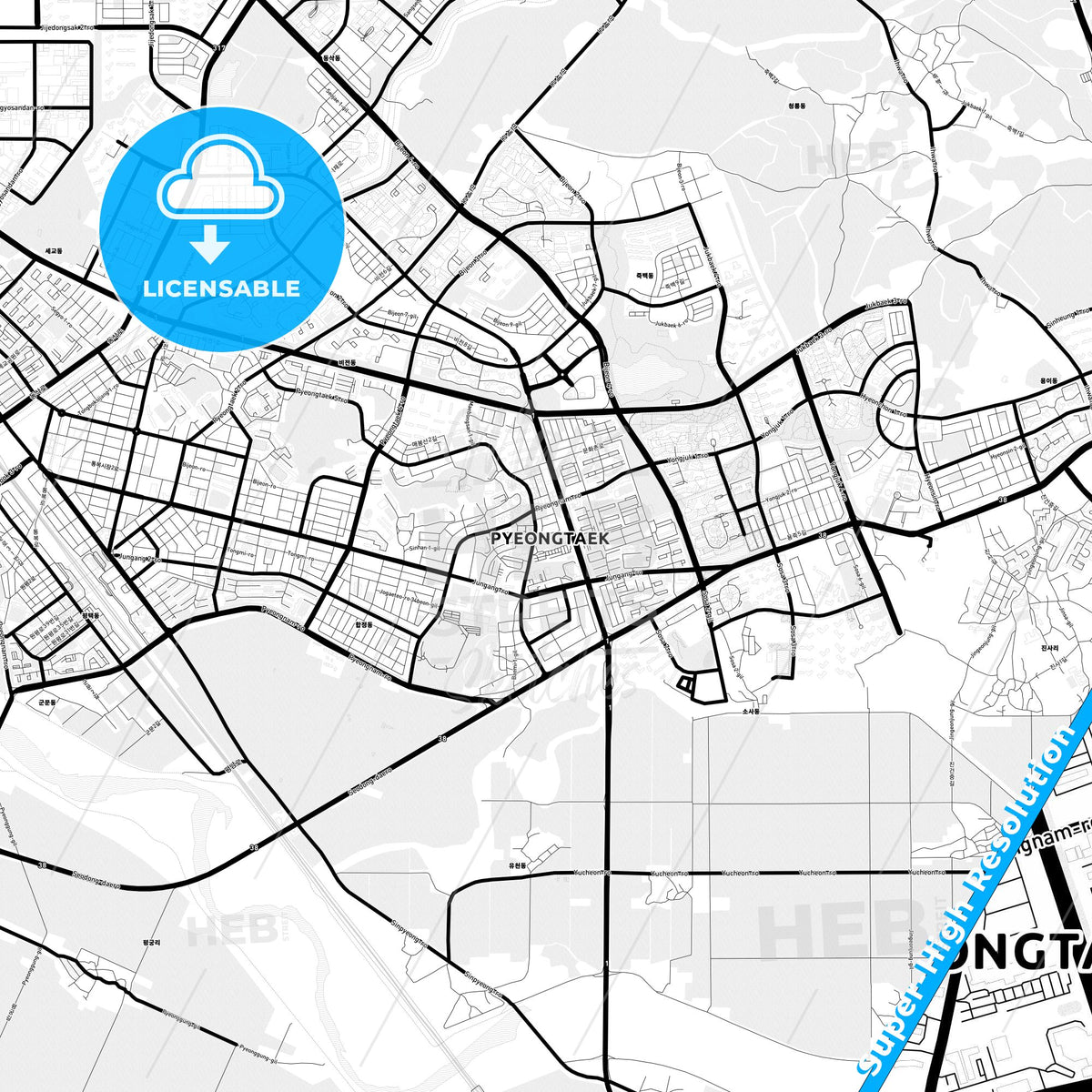 Pyeongtaek, South Korea Light Map with Street Names, City Names, and Districts