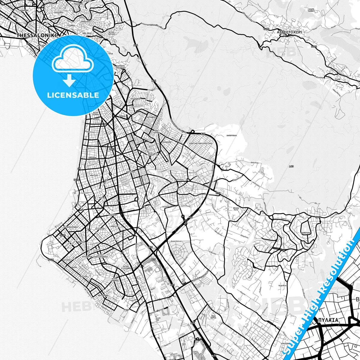 Pylaia, Greece Light Map with Street Names, City Names, and Districts