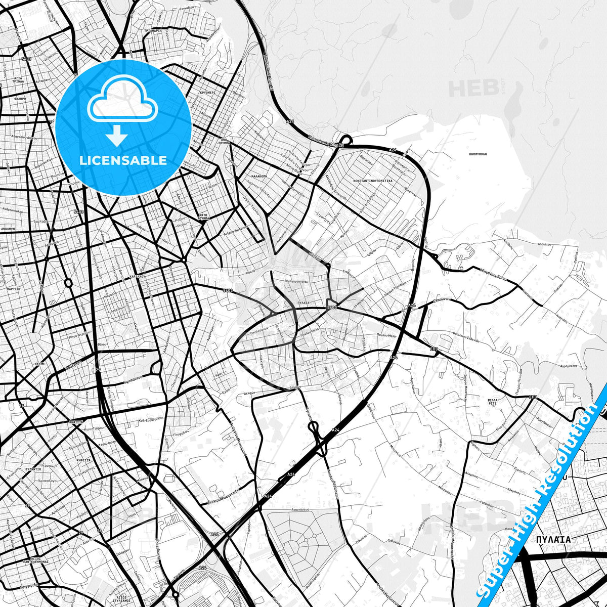Pylaia, Greece Light Map with Street Names, City Names, and Districts
