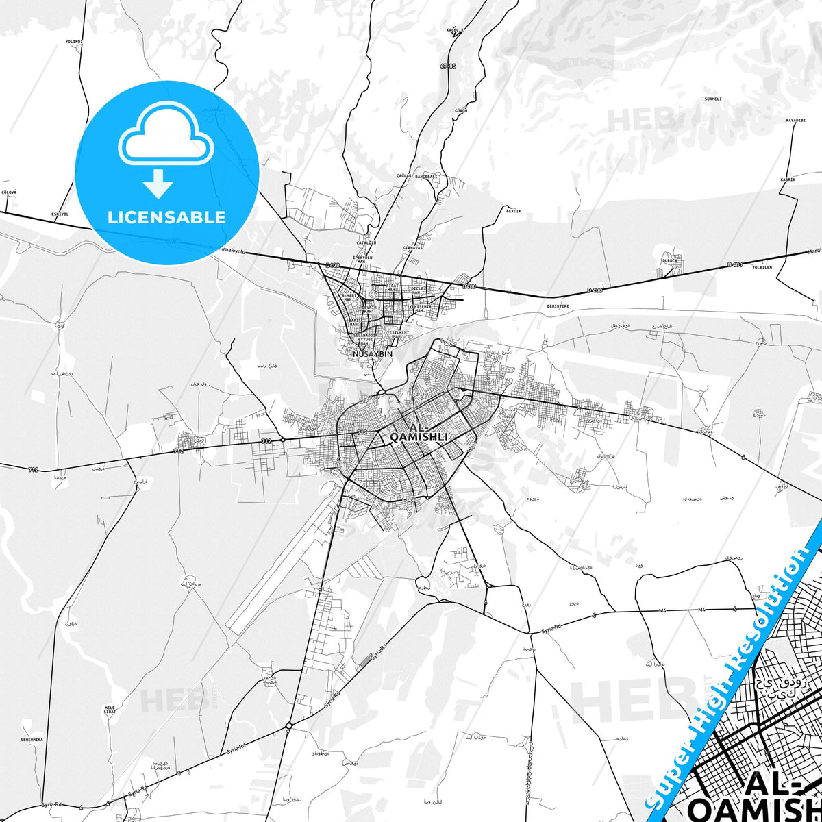 Qamishli, Syria light map with streetnames, citynames and districts