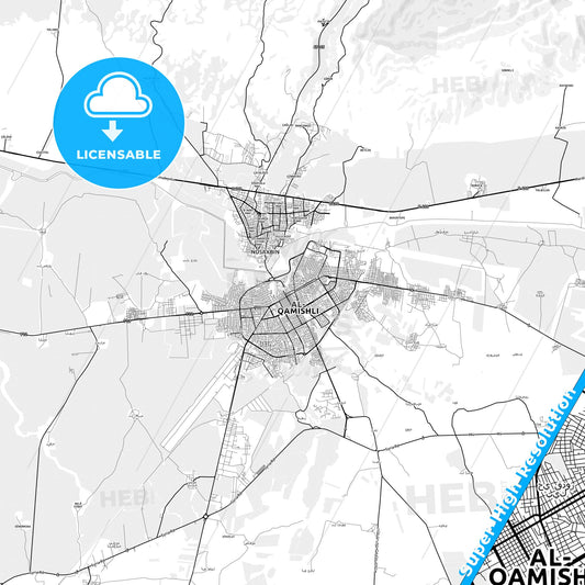 Qamishli, Syria light map with streetnames, citynames and districts