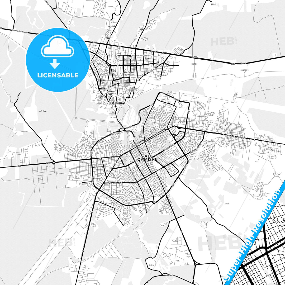 Qamishli, Syria Light Map with Street Names, City Names, and Districts