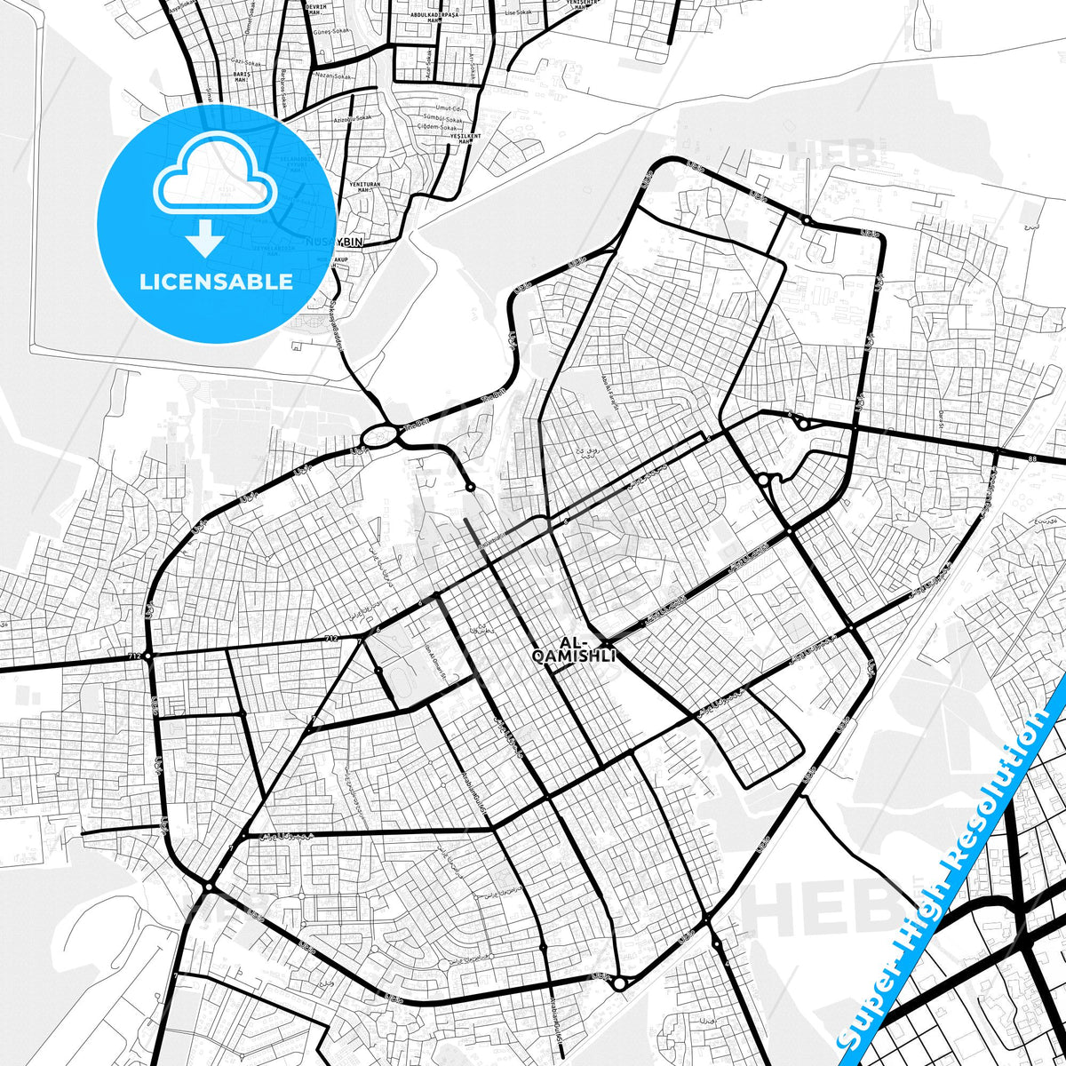 Qamishli, Syria Light Map with Street Names, City Names, and Districts