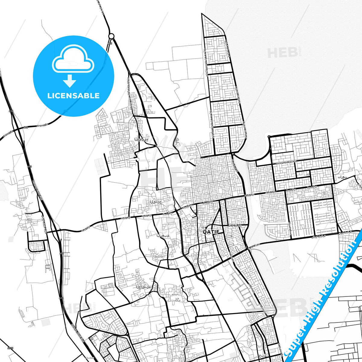 Qatif, Saudi Arabia Light Map with Street Names, City Names, and Districts