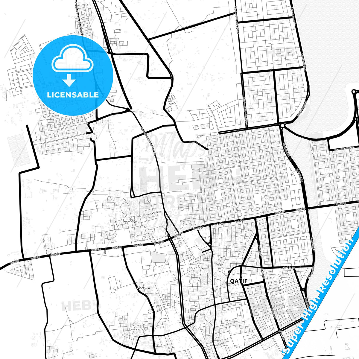 Qatif, Saudi Arabia Light Map with Street Names, City Names, and Districts