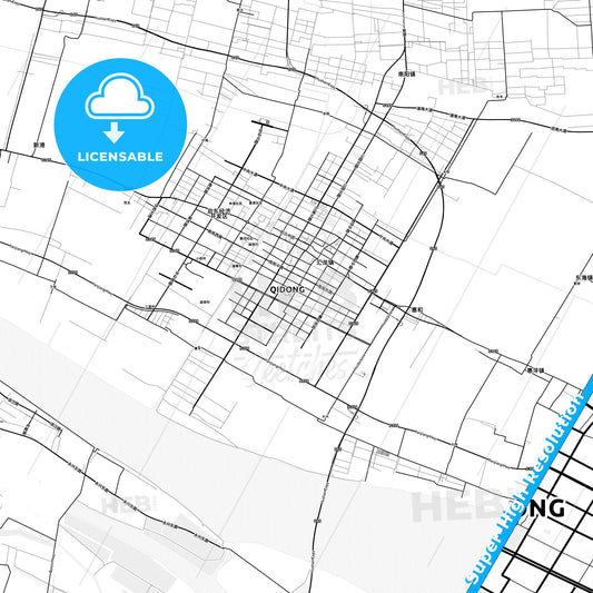 Qidong, China light map with streetnames, citynames and districts