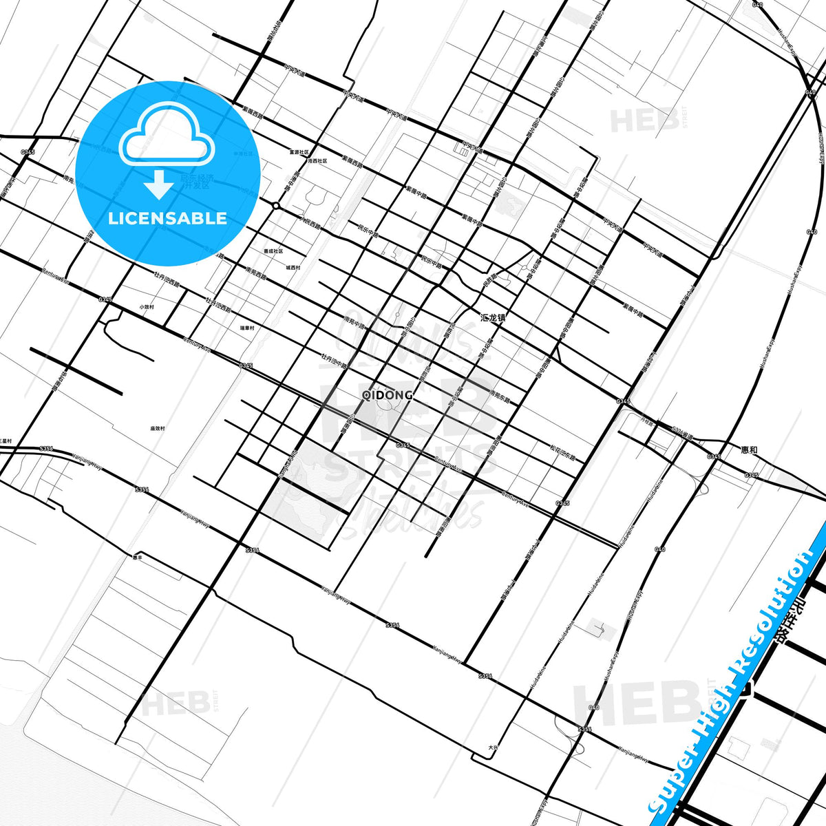 Qidong, China Light Map with Street Names, City Names, and Districts