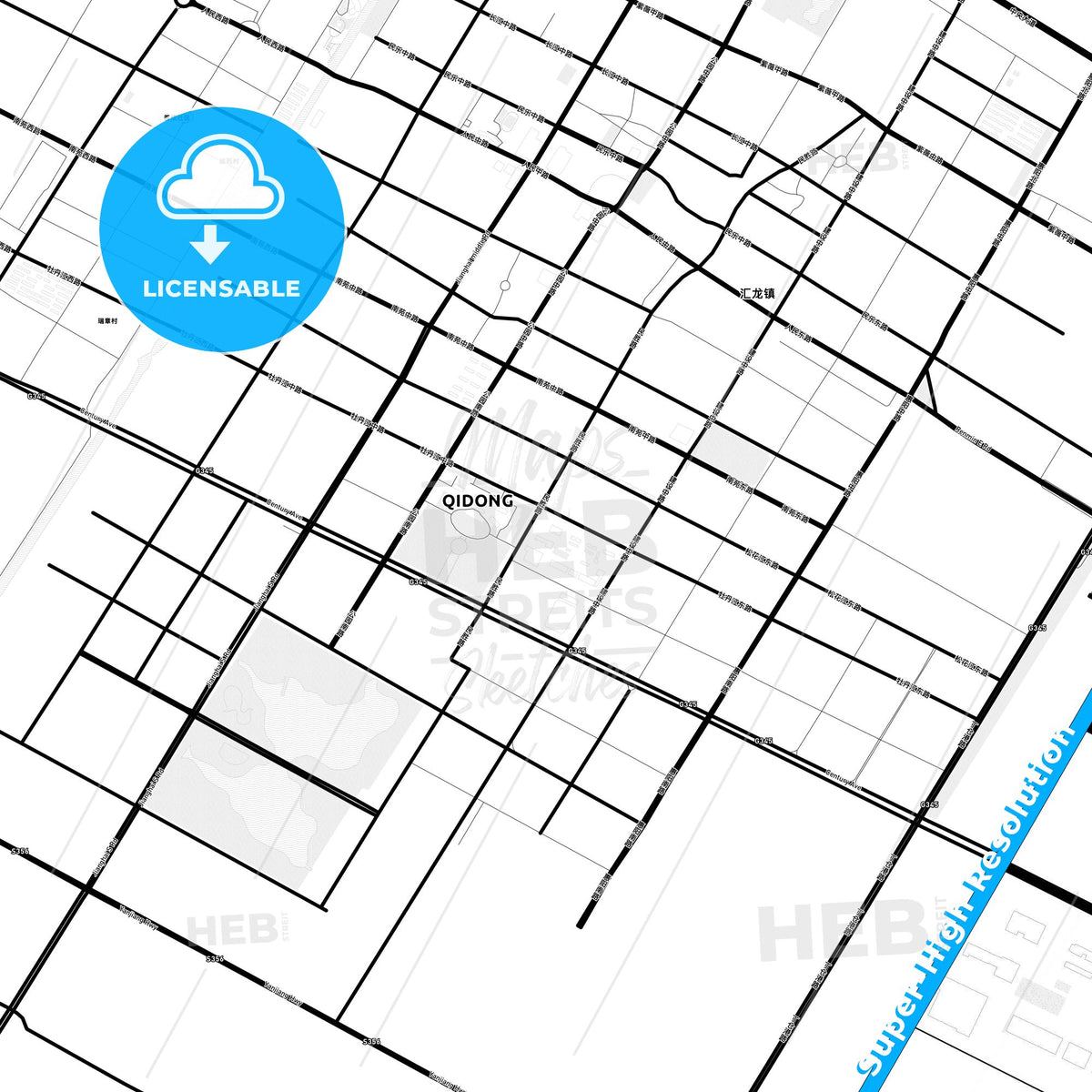 Qidong, China Light Map with Street Names, City Names, and Districts