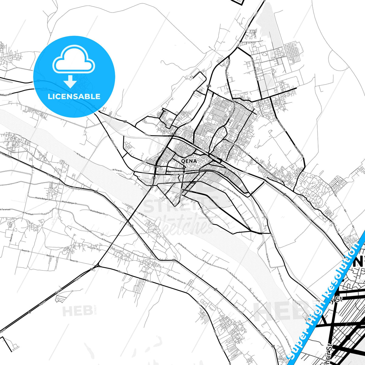 Qina, Egypt Light Map with Street Names, City Names, and Districts