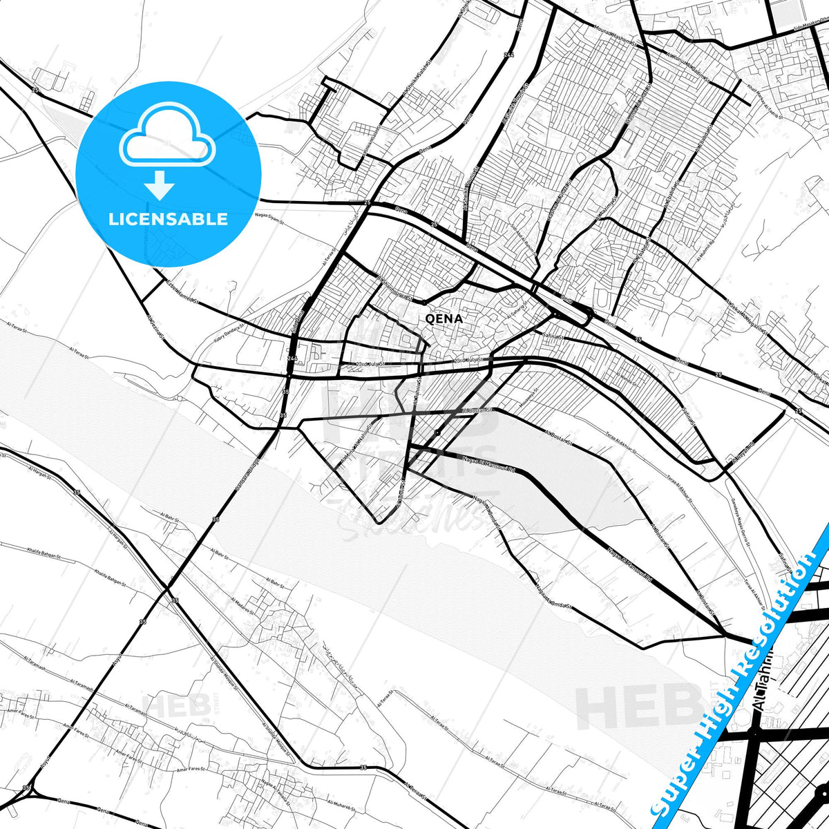 Qina, Egypt Light Map with Street Names, City Names, and Districts