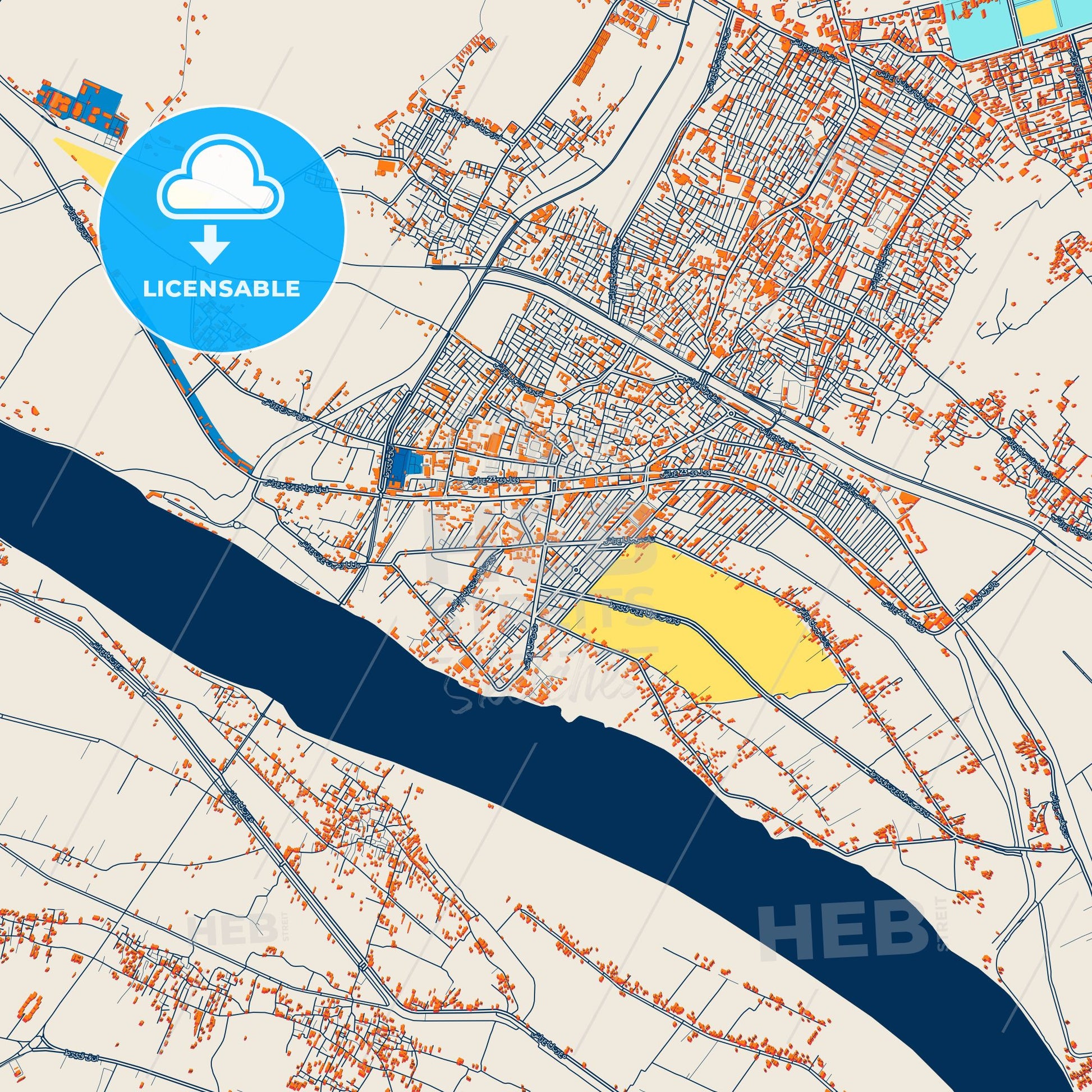 Colorful Qina Street Map with Labels and Buildings