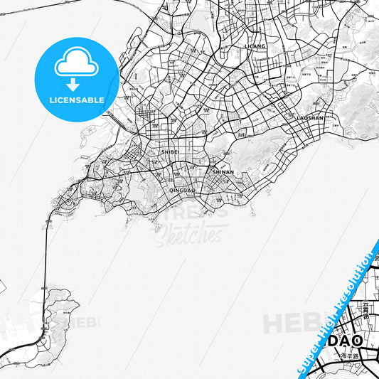 Qingdao, China light map with streetnames, citynames and districts