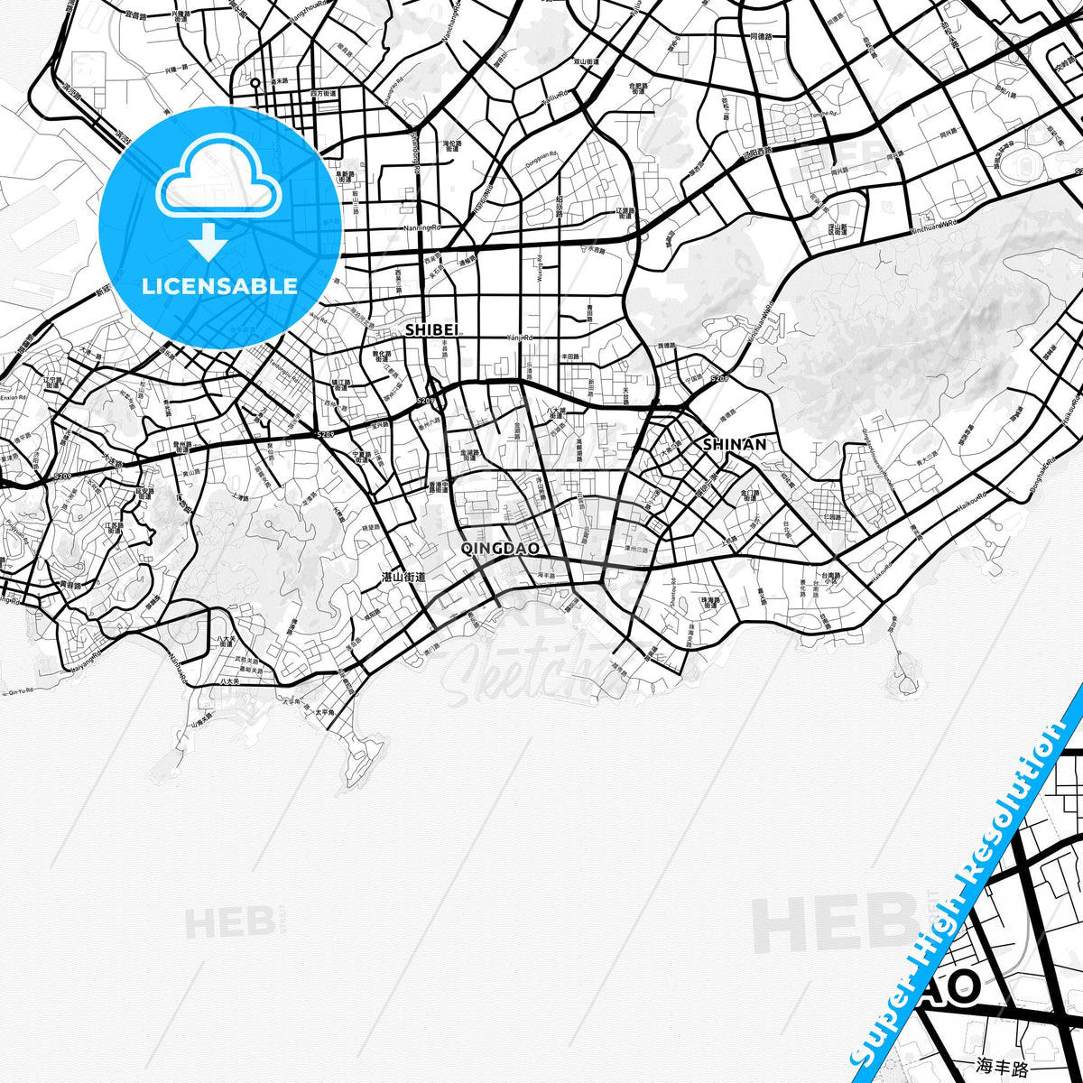 Qingdao, China Light Map with Street Names, City Names, and Districts