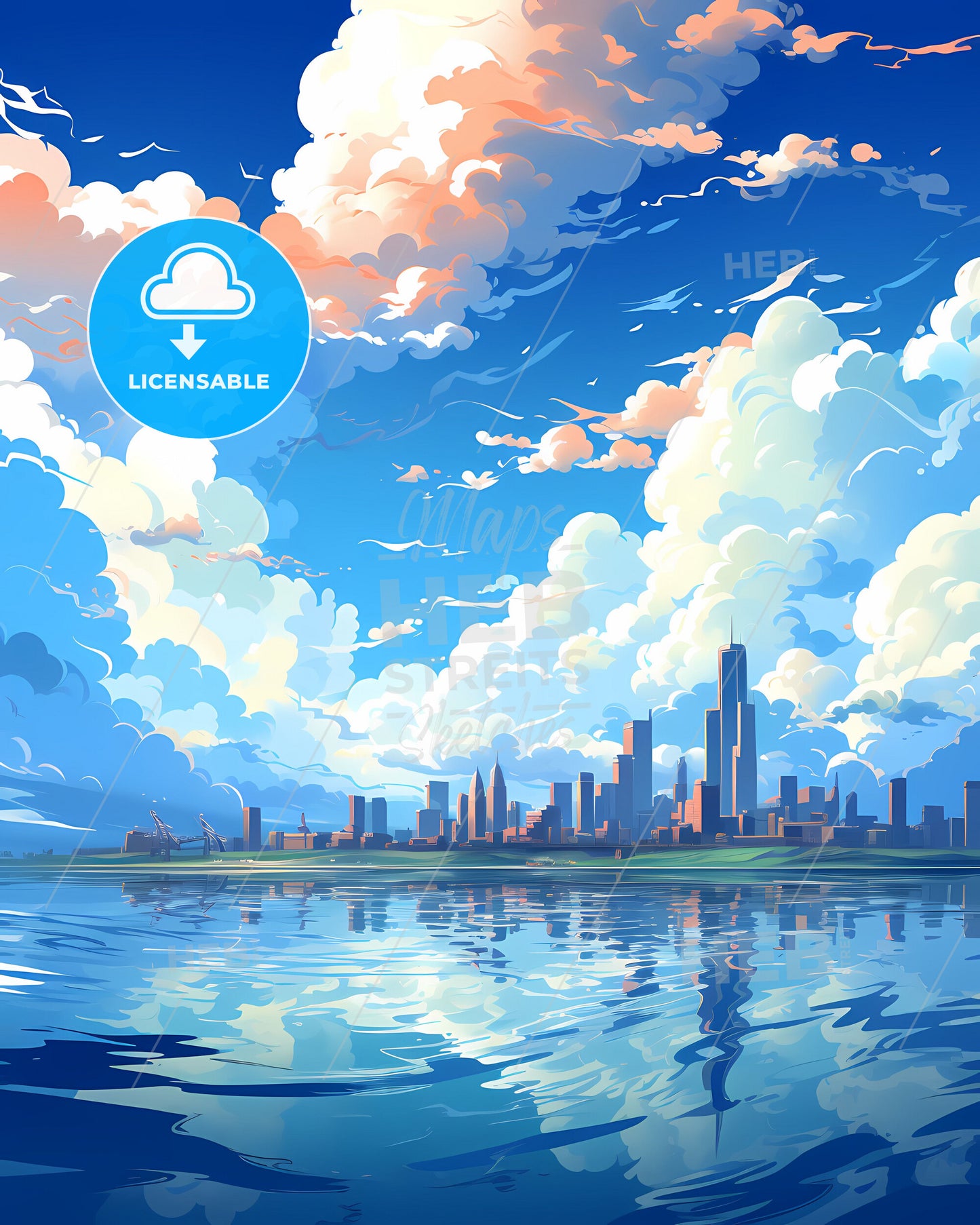 Vibrant Qingdao City Skyline Painting with Clouds and Sea