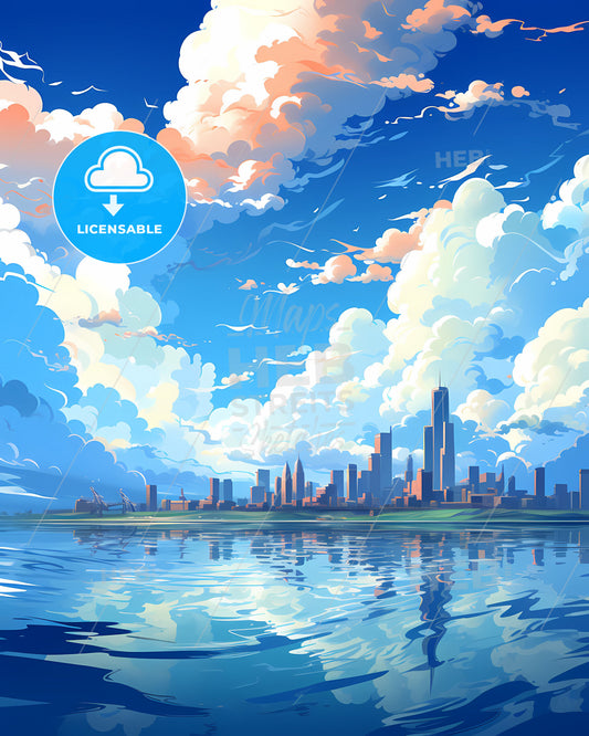 Vibrant Qingdao City Skyline Painting with Clouds and Sea