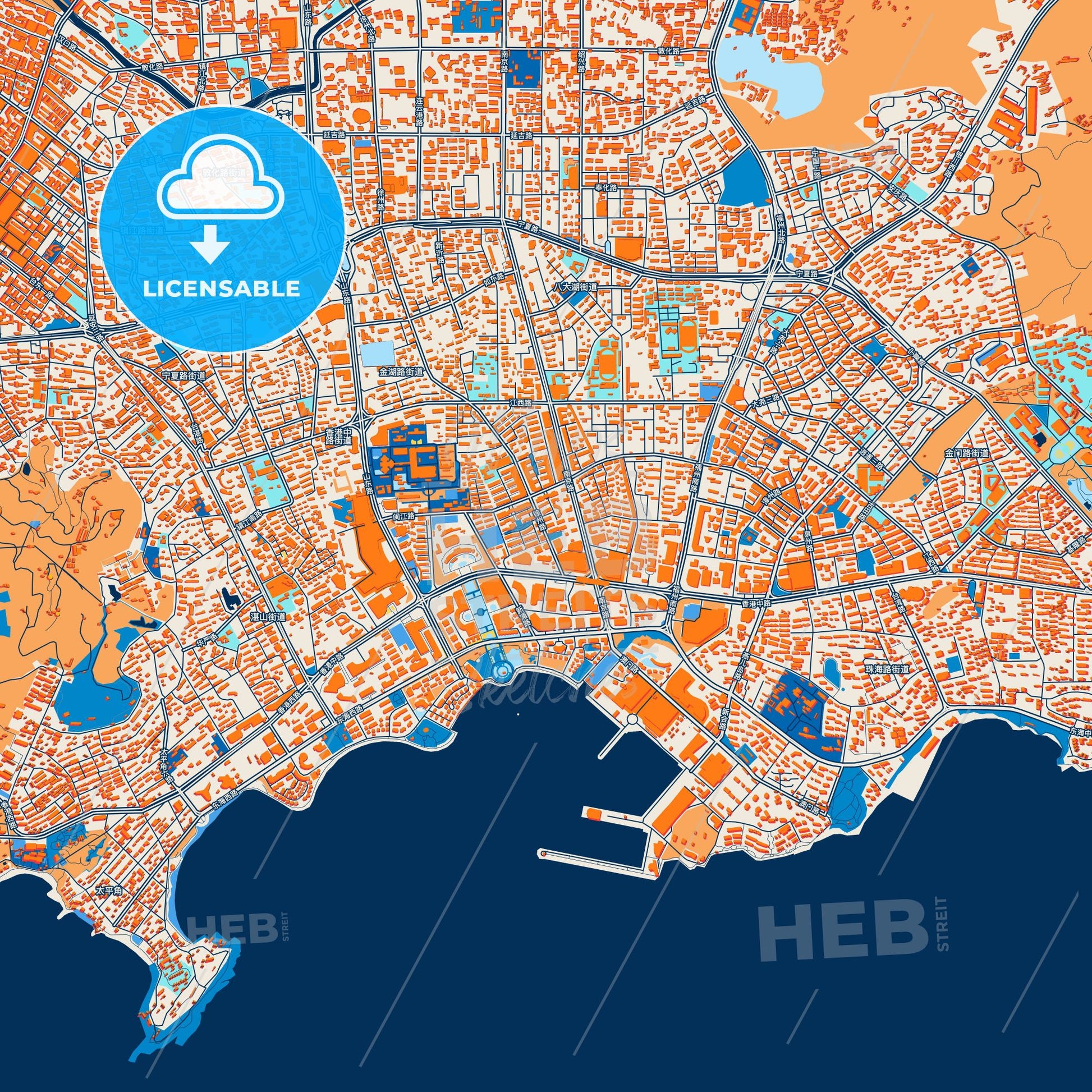 Colorful Qingdao Street Map with Labels and Buildings