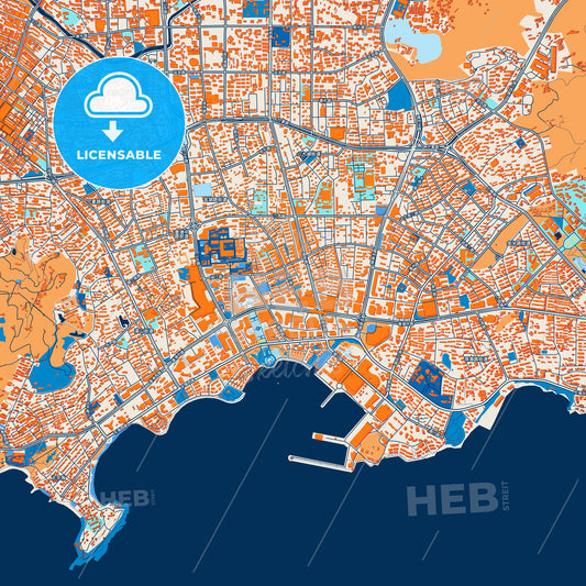 Colorful Qingdao Street Map with Labels and Buildings