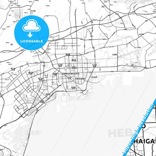 Qinhuangdao, China light map with streetnames, citynames and districts