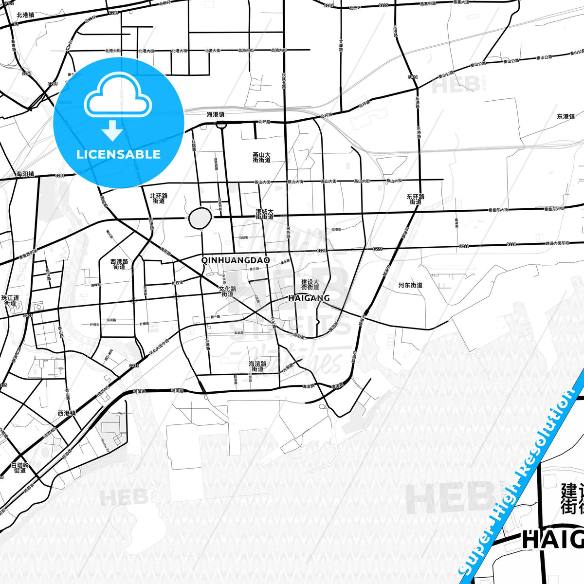 Qinhuangdao, China Light Map with Street Names, City Names, and Districts