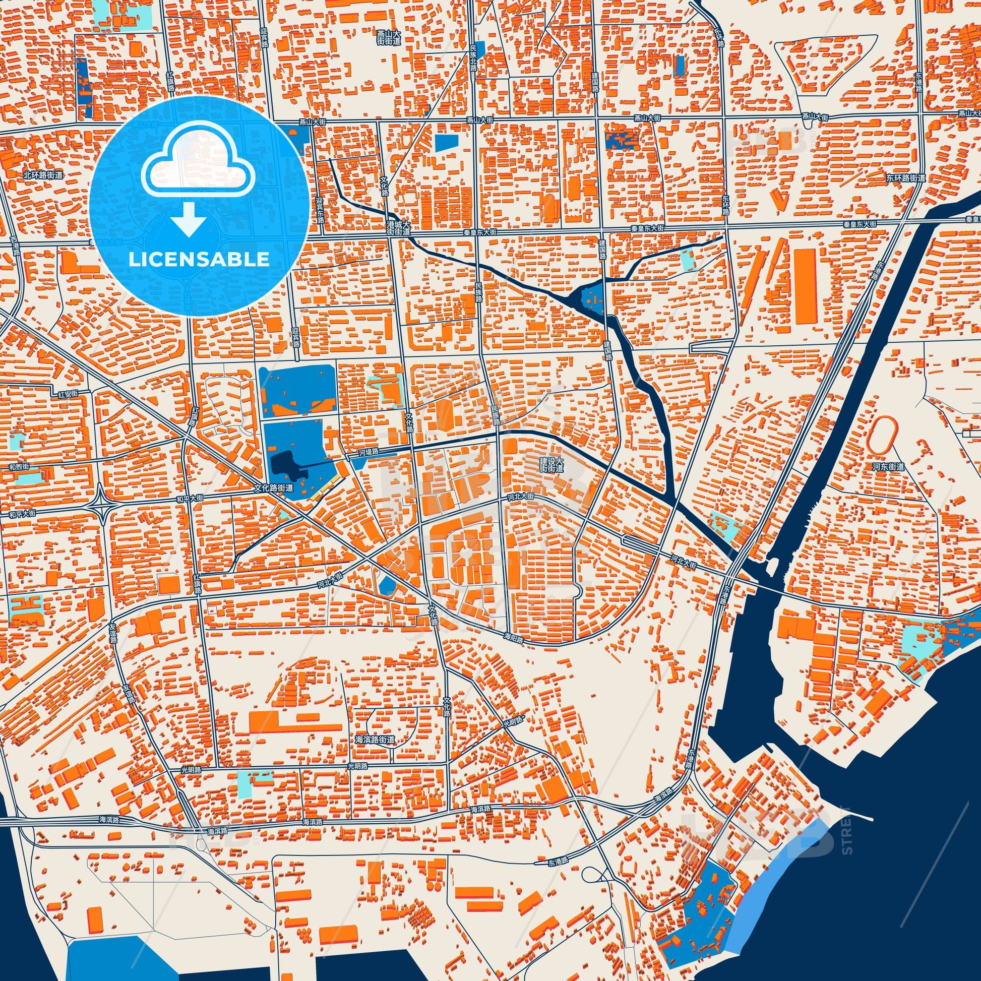Colorful Qinhuangdao Street Map with Labels and Buildings