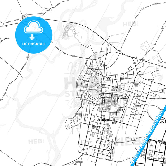 Qiqihar, China light map with streetnames, citynames and districts