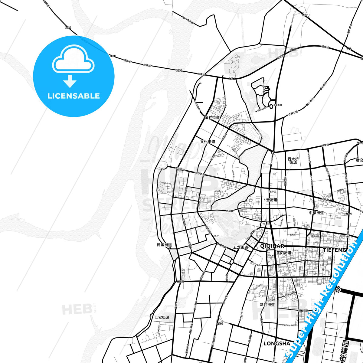 Qiqihar, China Light Map with Street Names, City Names, and Districts