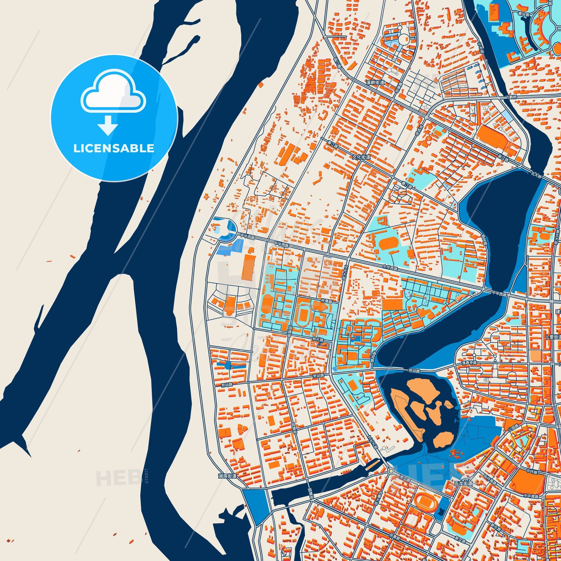 Colorful Qiqihar Street Map with Labels and Buildings