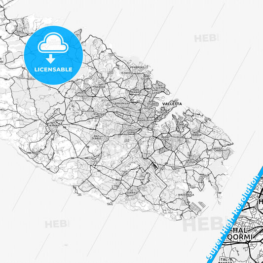 Qormi, Malta light map with streetnames, citynames and districts