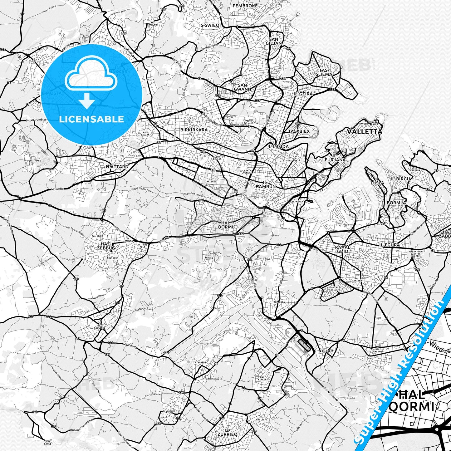 Qormi, Malta Light Map with Street Names, City Names, and Districts
