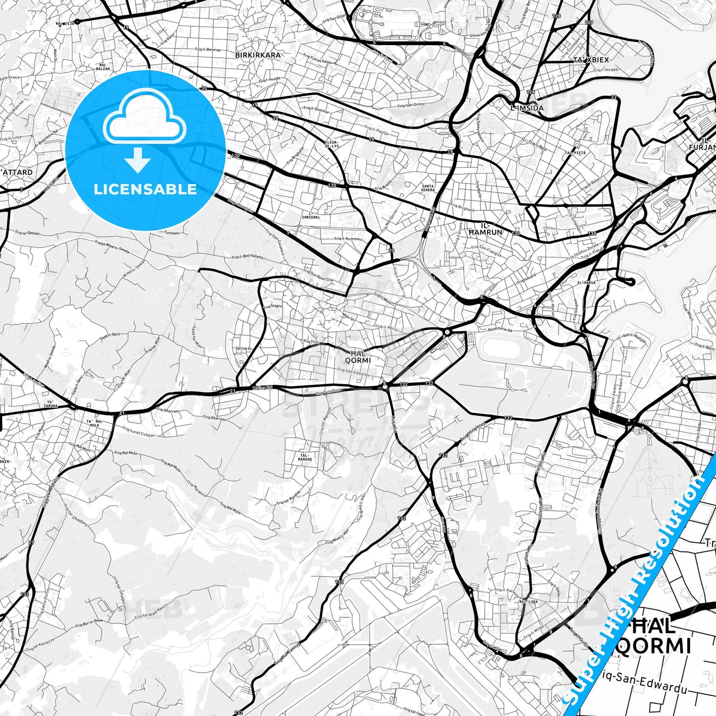 Qormi, Malta Light Map with Street Names, City Names, and Districts
